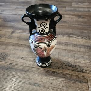 Small handmade painted and numbered 2 handled pottery vase made in Greece L